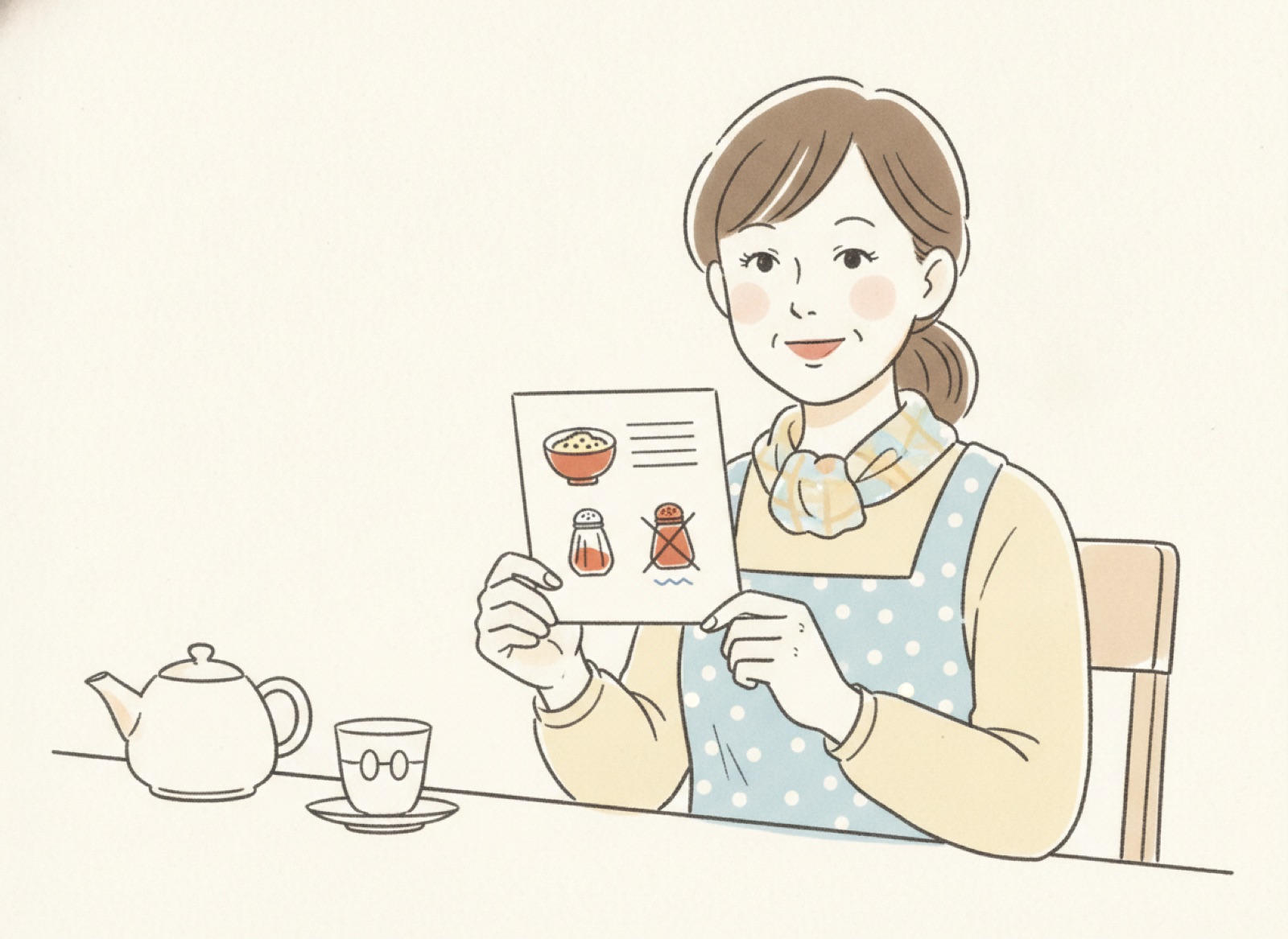 食事制限などの条件カードを見ながらサービスを選ぶ女性のイラスト
