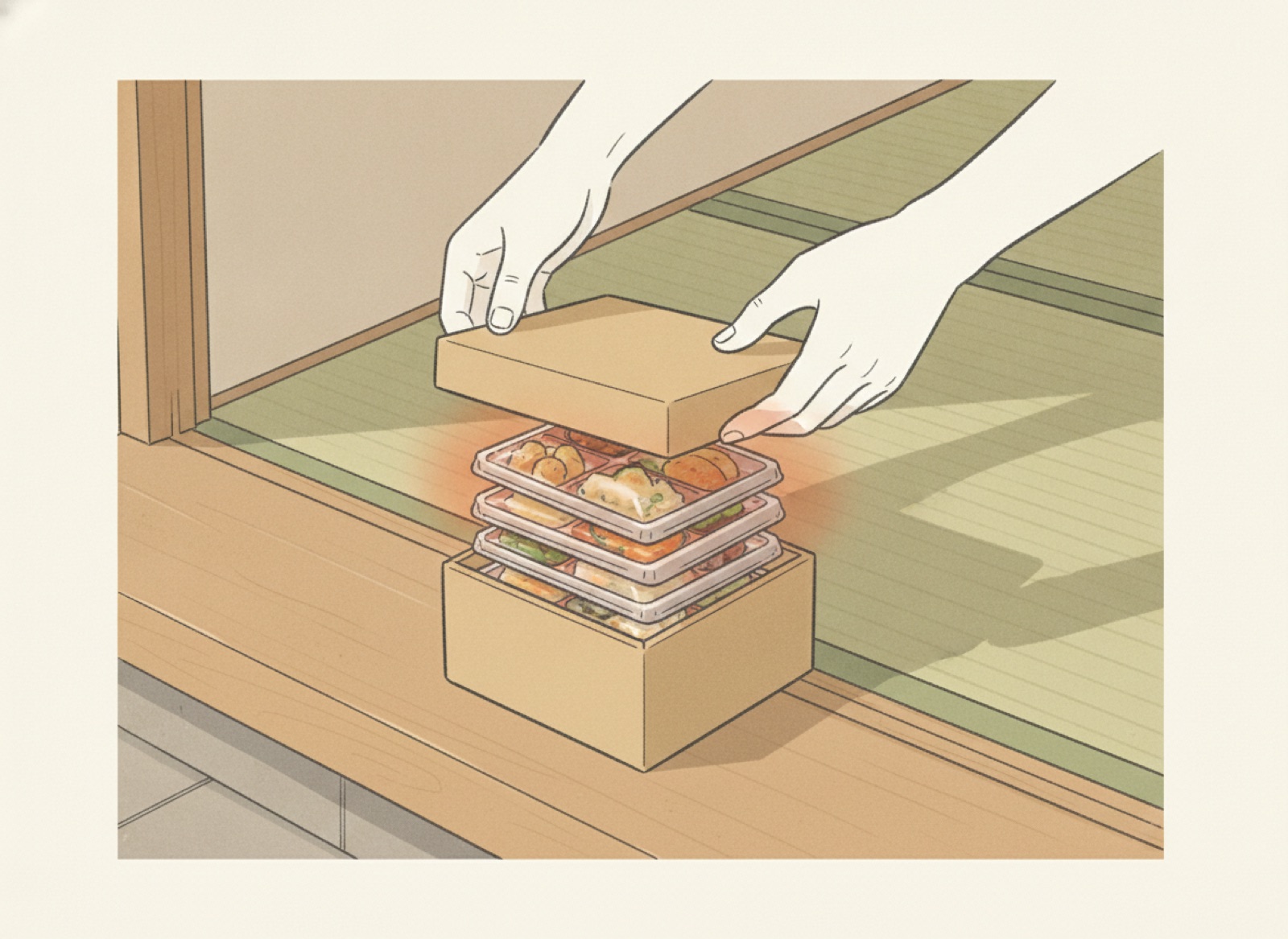 宅配弁当の箱を開ける手元のイラスト
